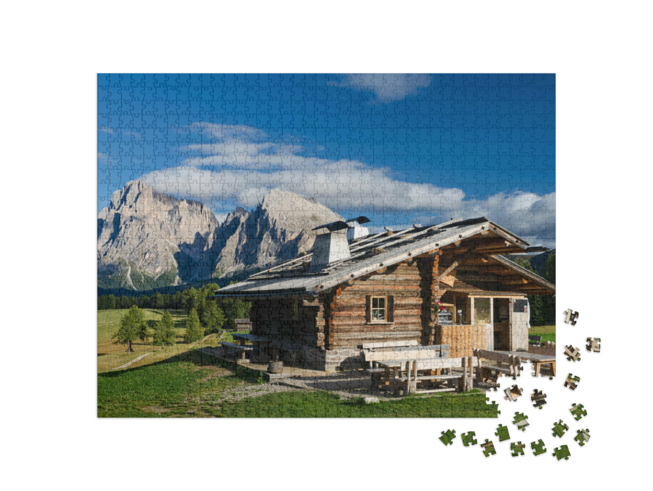 Puzzle 1000 Teile „Hütte auf der Seiser Alm mit Plattkofel und Langkofel, Südtirol“
