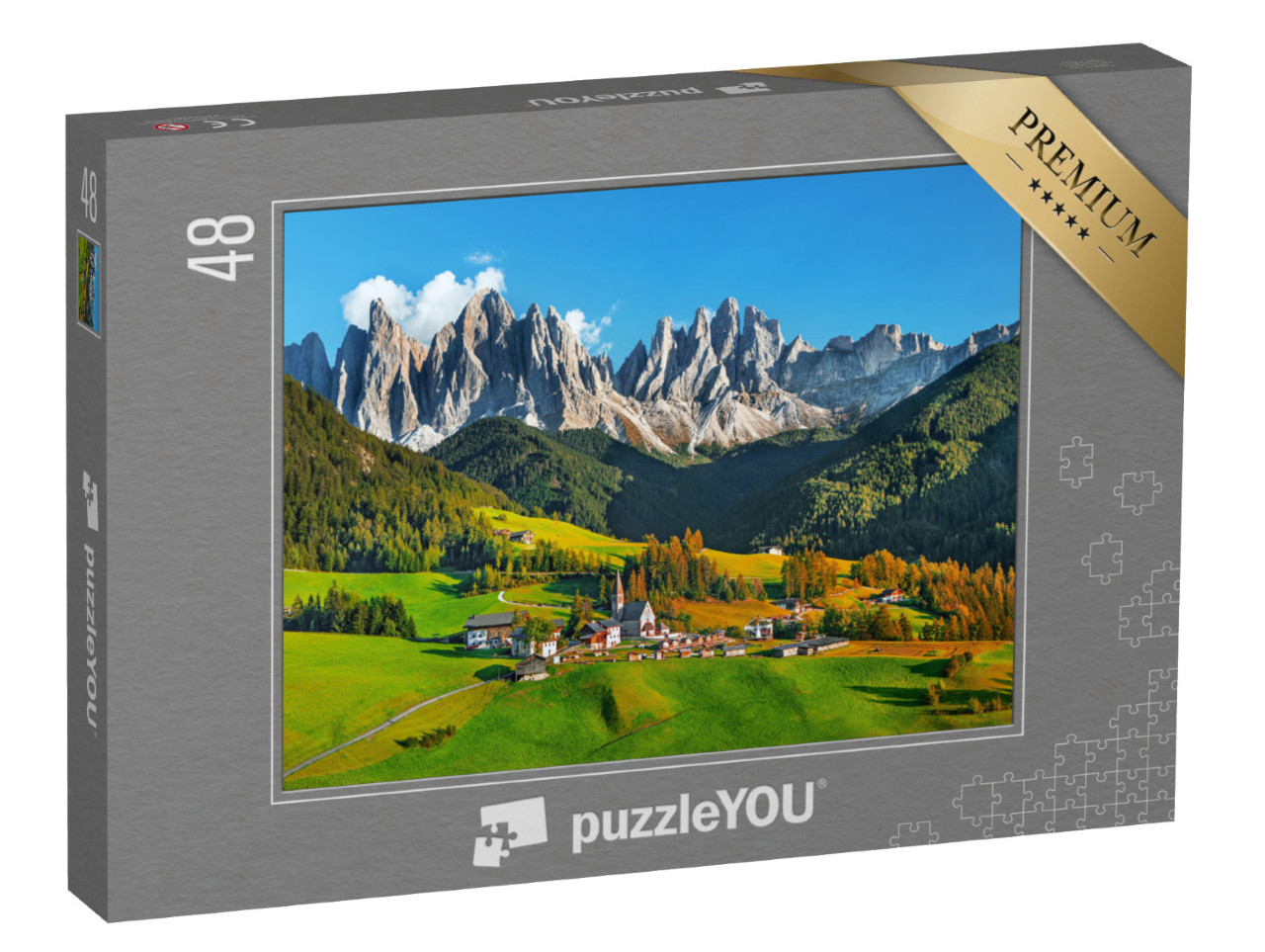 Puzzle 48 Teile „Santa Maddalena mit Dolomiten in Südtirol, Italien“