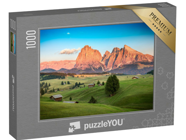Puzzle 1000 Teile „Seiser Alm mit Langkofelgruppe im abendlichen Sonnenlicht, Südtirol“