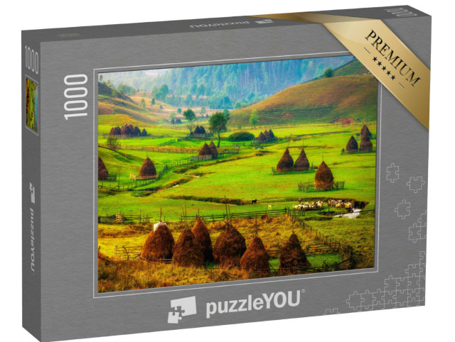 Puzzle 1000 Teile „Nebel an einem Morgen im Herbst: Berglandschaft Fundatura Ponorului, Rumänien“