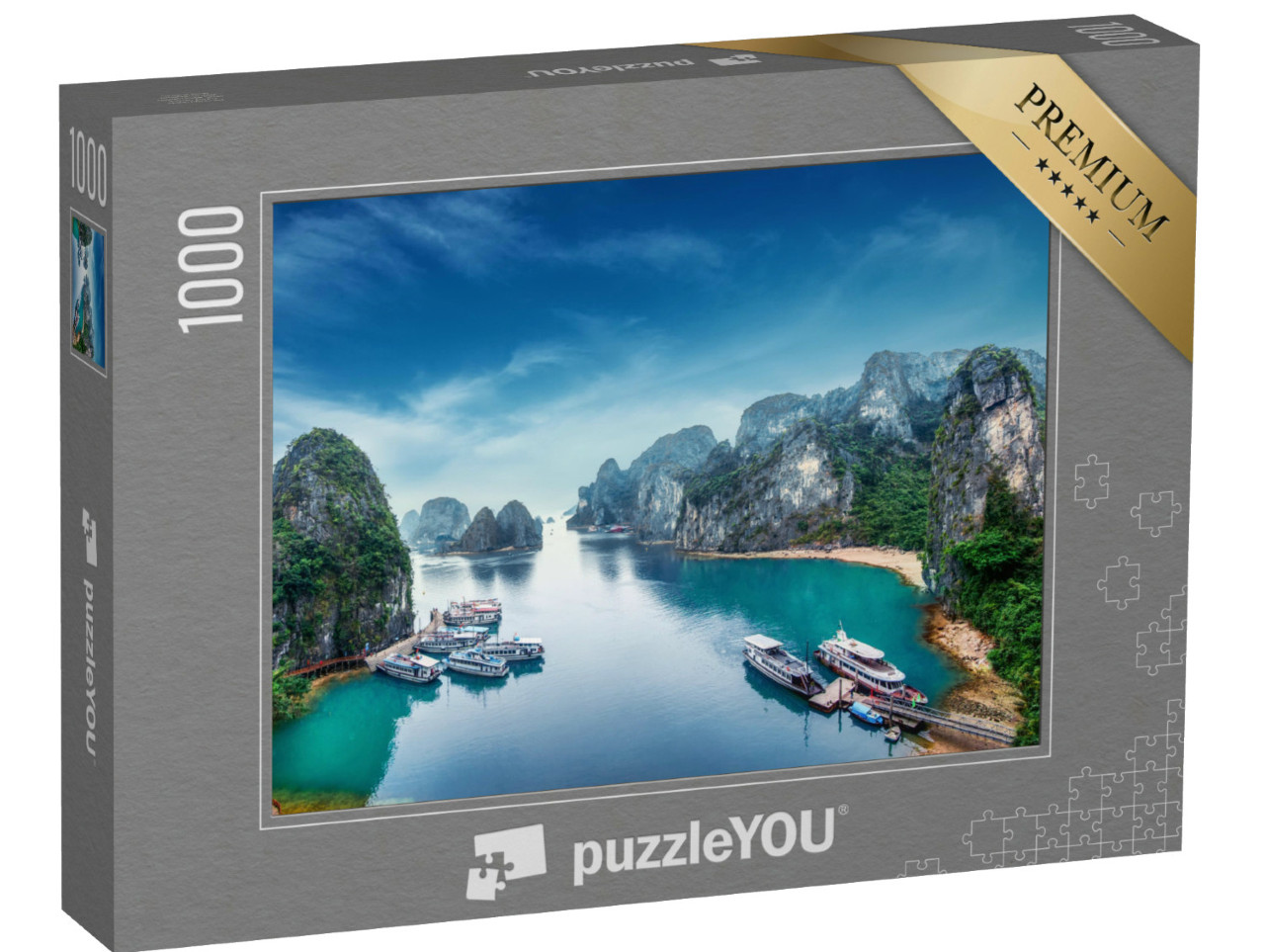Puzzle 1000 Teile „Touristische Dschunken schwimmen zwischen Kalksteinfelsen in der Ha Long Bay, Vietnam“