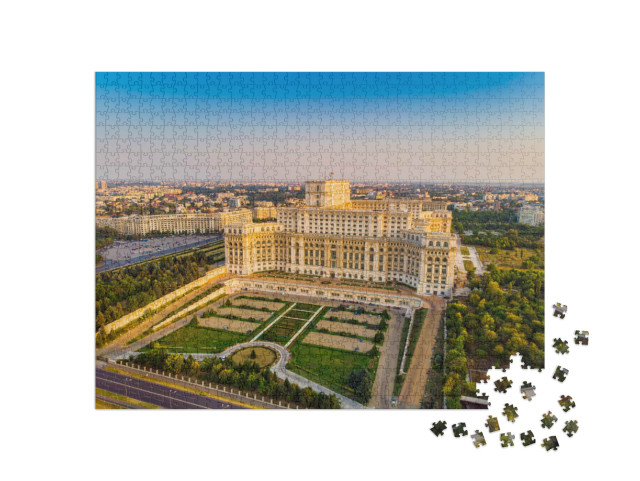 Puzzle 1000 Teile „Parlamentsgebäude von Bukarest bei Sonnenuntergang“