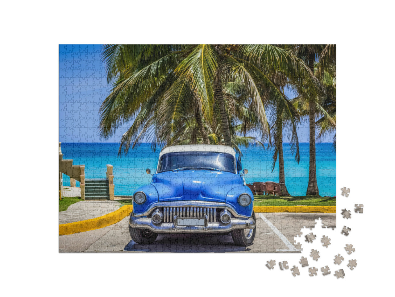 Puzzle 1000 Teile „Oldtimer: Buick steht unter Palmen am Strand, Varadero, Kuba“