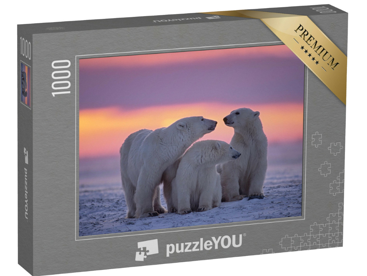 Puzzle 1000 Teile „Eisbärenfamilie im Sonnenuntergang in der kanadischen Arktis“