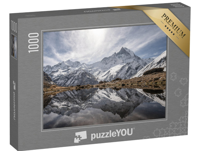 Puzzle 1000 Teile „Perfekte Reflexion in klarem Bergsee - Annapurna Trekking Route, Himalalya“