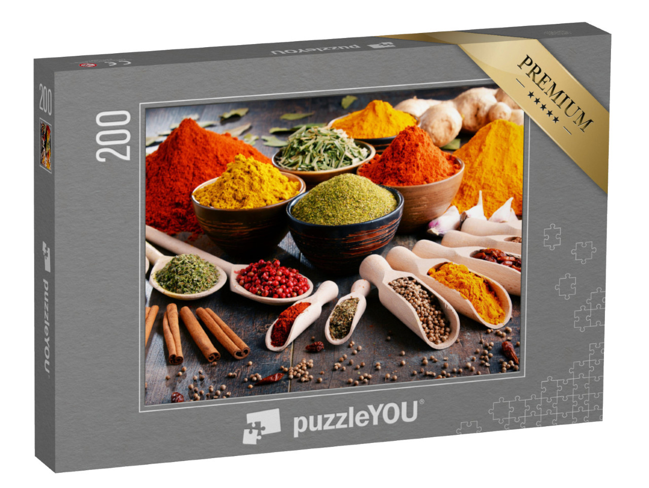 Puzzle 200 Teile „Eine Vielzahl von Gewürzen und Kräutern auf dem Küchentisch“