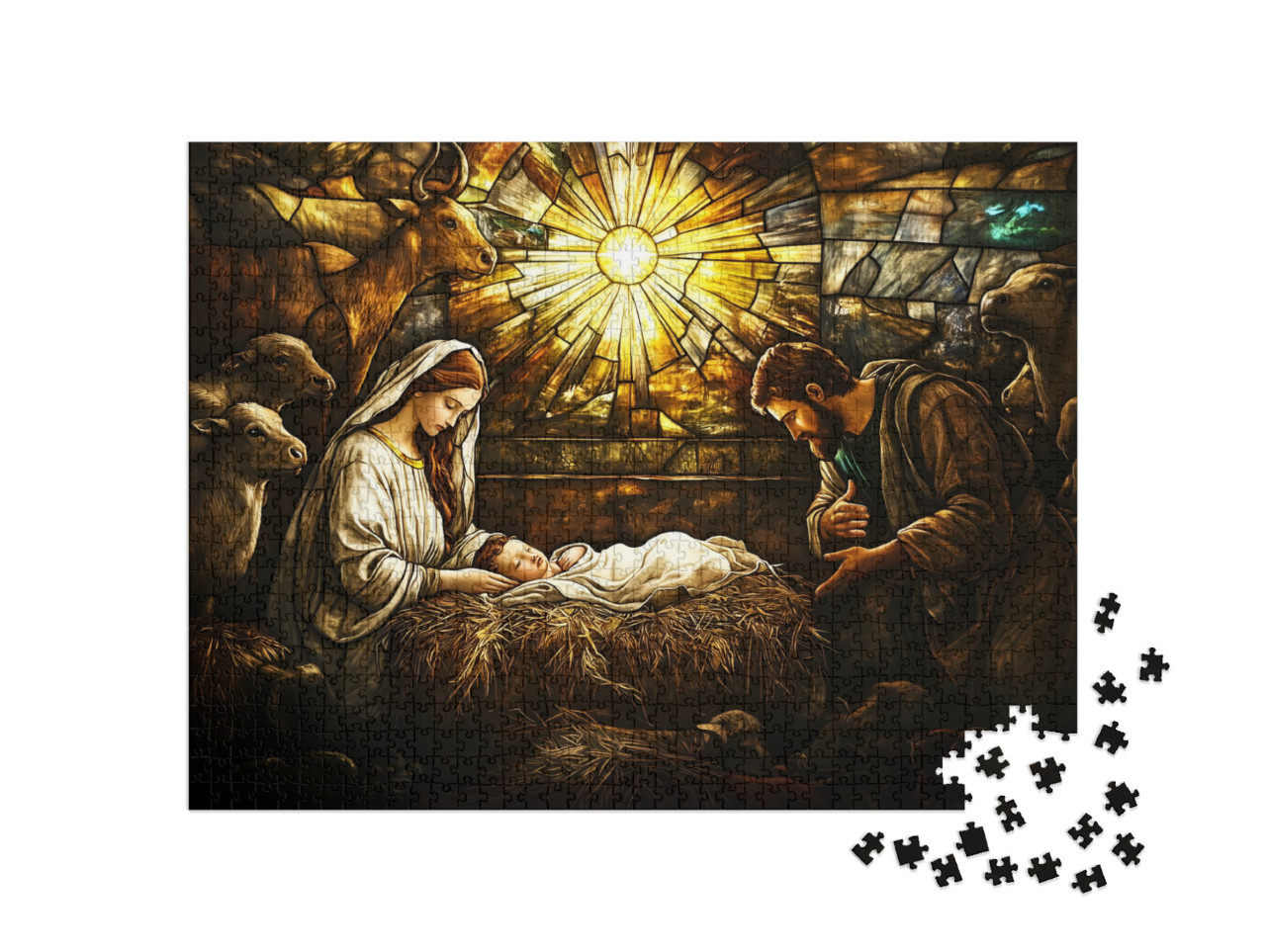 Puzzle 1000 Teile „Kirchenfenster: Weihnachtliche Krippenszene mit Jesus, Maria und Josef“