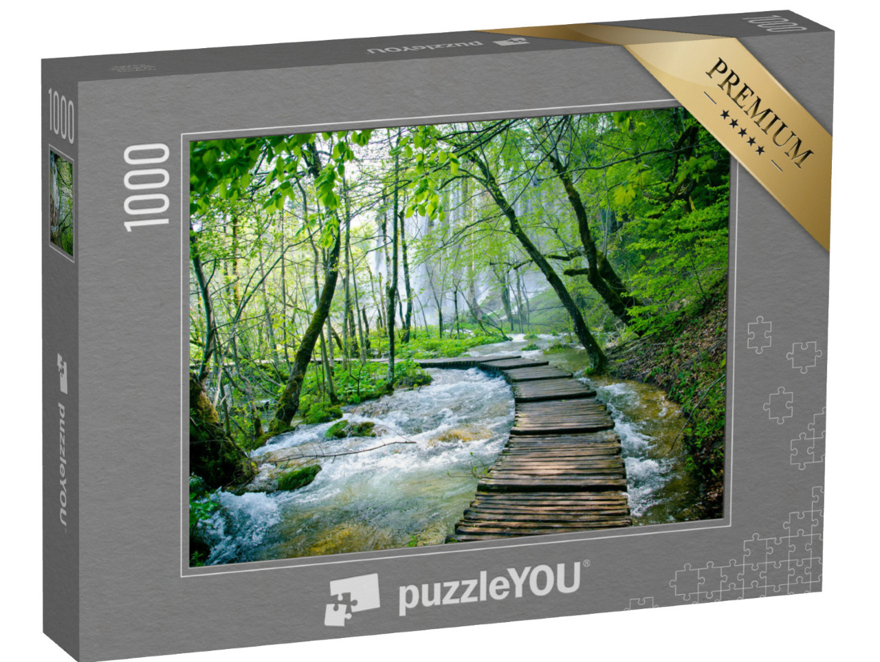 Puzzle 1000 Teile „Holzpfad und Wasserfall im Plitvice-Nationalpark, Kroatien“