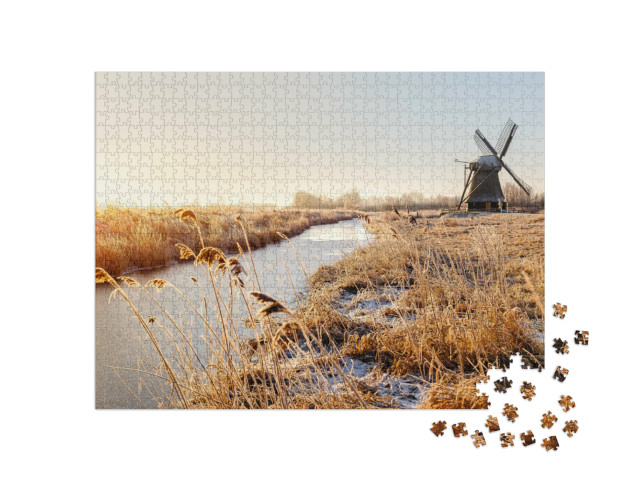 Puzzle 1000 Teile „Wedelfelder Mühle bei Sonnenaufgang an einem kalten Januarmorgen“
