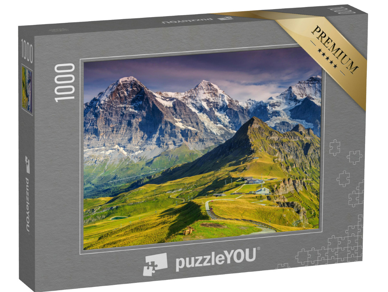 Puzzle 1000 Teile „Alpenpanorama mit Jungfrau, Mönch, Eiger Nordwand und Männlichen, Schweiz“