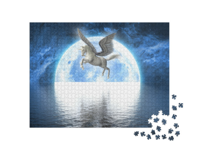 Puzzle 1000 Teile „Einhorn mit Flügeln vor dem Vollmond “