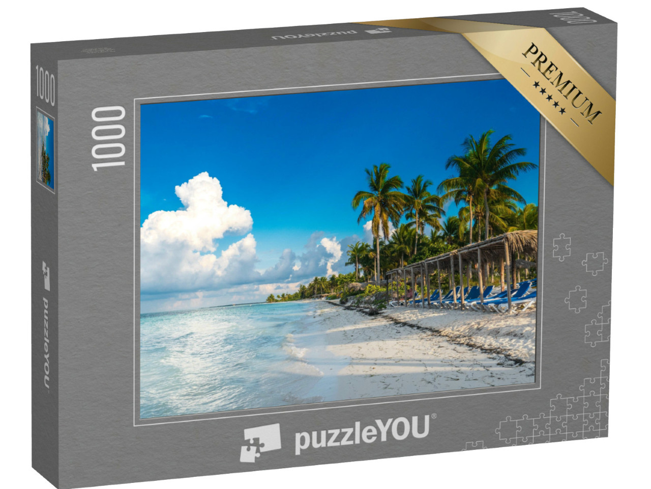 Puzzle 1000 Teile „Ein Sitzplatz vor dem karibischen Meer am Strand, Cayo Gulliermo, Kuba“