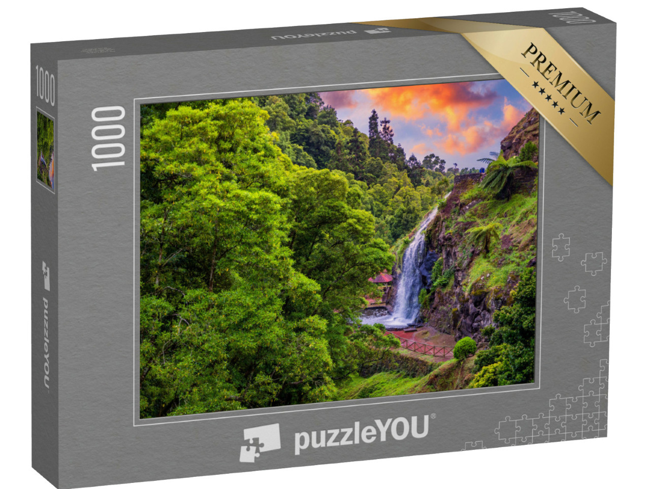 Puzzle 1000 Teile „Wasserfall im Parque Natural Da Ribeira Dos Caldeiroes, Azoren, Portugal“