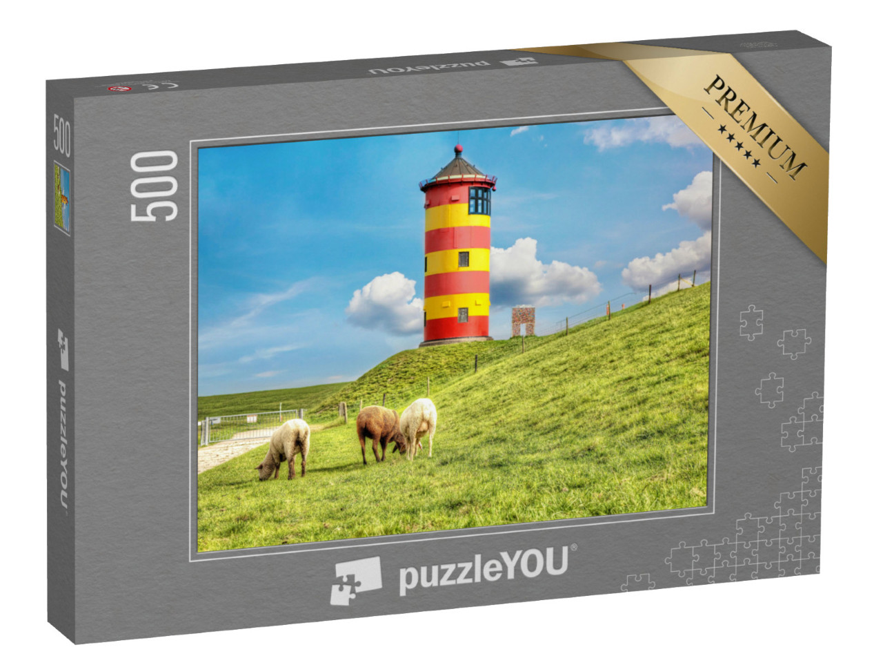 Puzzle 500 Teile „Schafe vor dem Pilsumer Leuchtturm an der deutschen Nordseeküste“