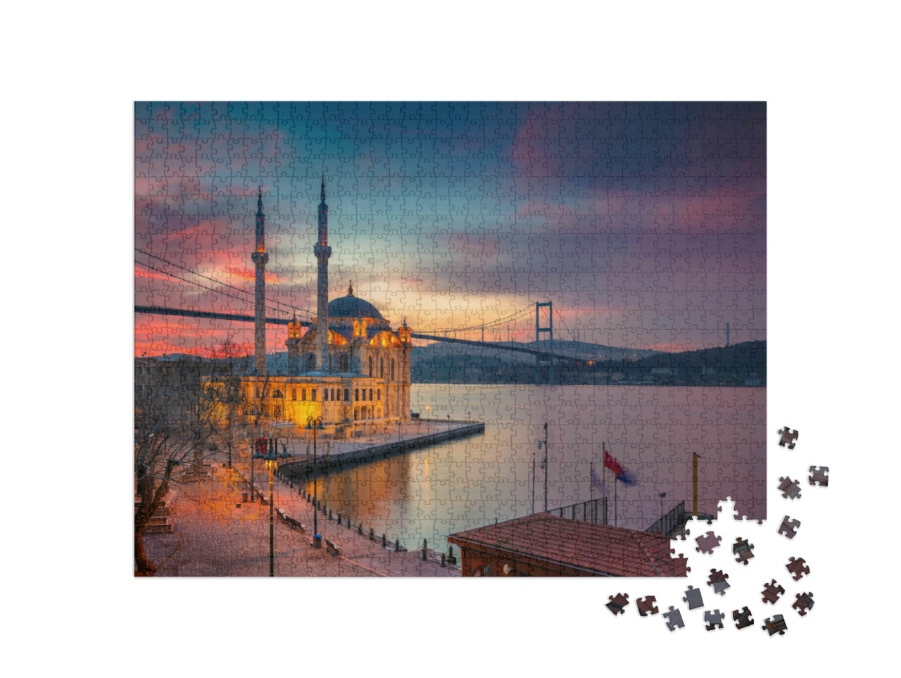 Puzzle 1000 Teile „Sonnenaufgang an der Ortakoy Moschee mit Bosporus-Brücke in Istanbul“