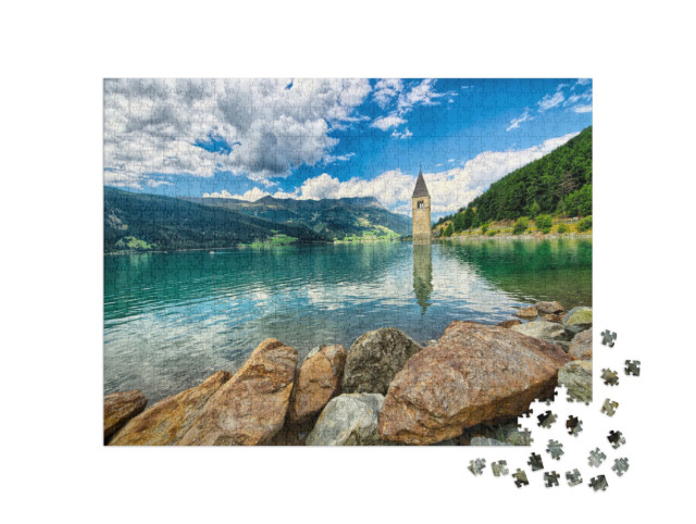 Puzzle 1000 Teile „Glockenturm des Reschensees (Resia) Südtirol“