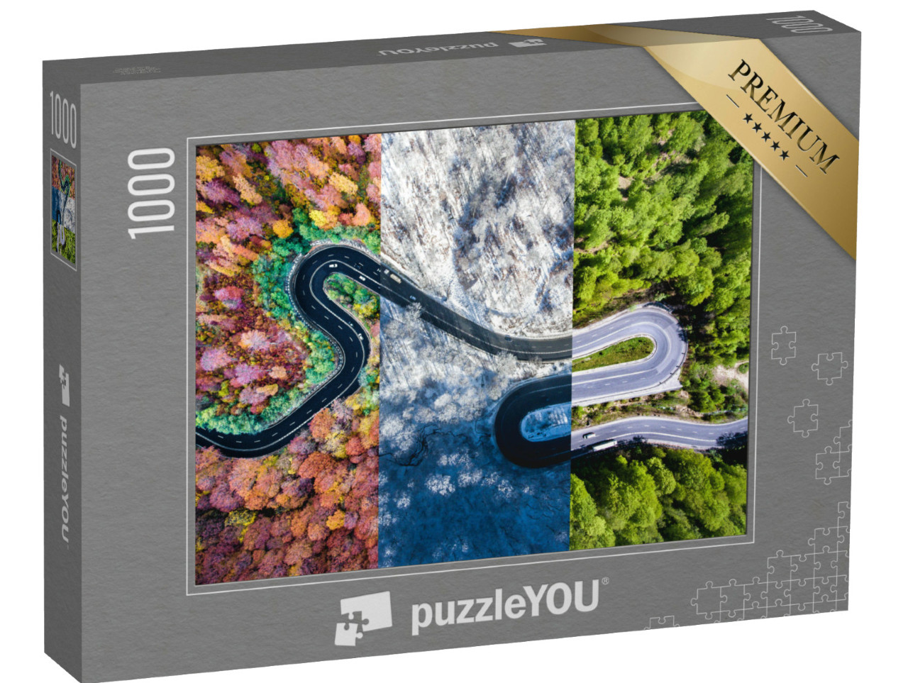 Puzzle 1000 Teile „Kurvenreiche Straße im Wald durch die Jahreszeiten“