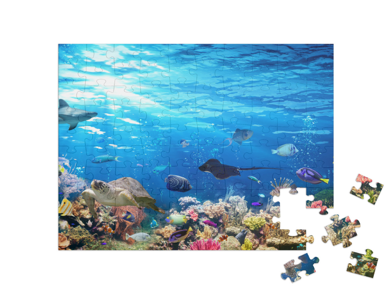 Puzzle 100 Teile „Unterwasser-Szene mit Korallenriff, Fischen, Haien, Schildkröte und Manta“