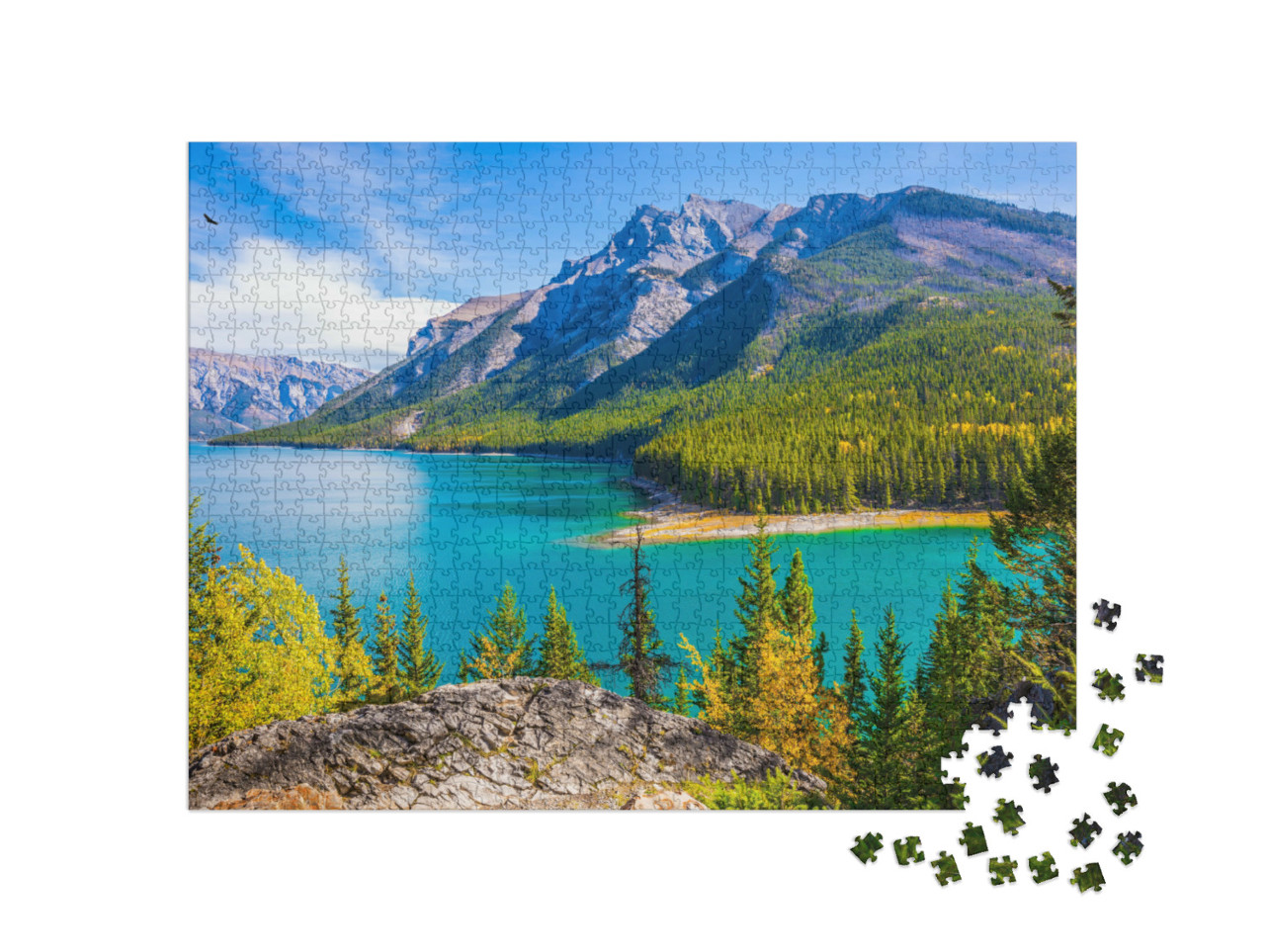 Puzzle 1000 Teile „Lake Two Jack: Wasser und Nadelwälder, Rocky Mountains, Kanada“
