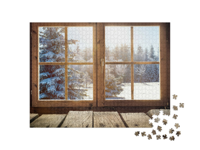Puzzle 1000 Teile „Blick durch ein Hüttenfenster auf den verschneiten Winterwald“