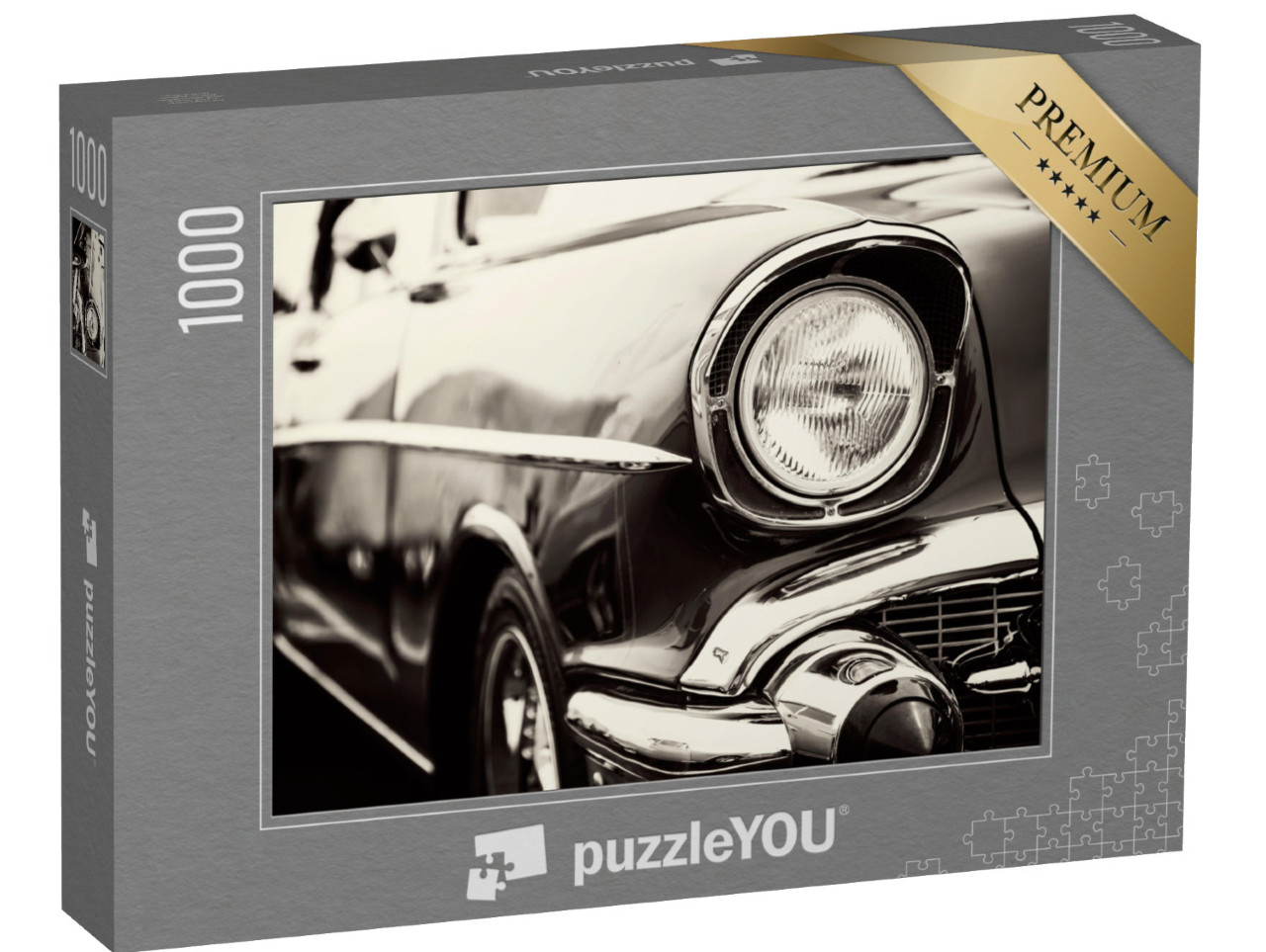 Puzzle 1000 Teile „Ein roter Oldtimer mit Nahaufnahme der Scheinwerfer“