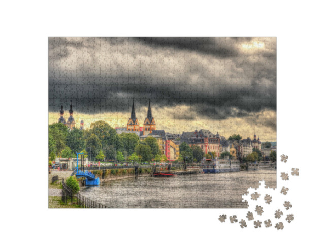 Puzzle 1000 Teile „Koblenzer Deich unter dunklen Regenwolken“