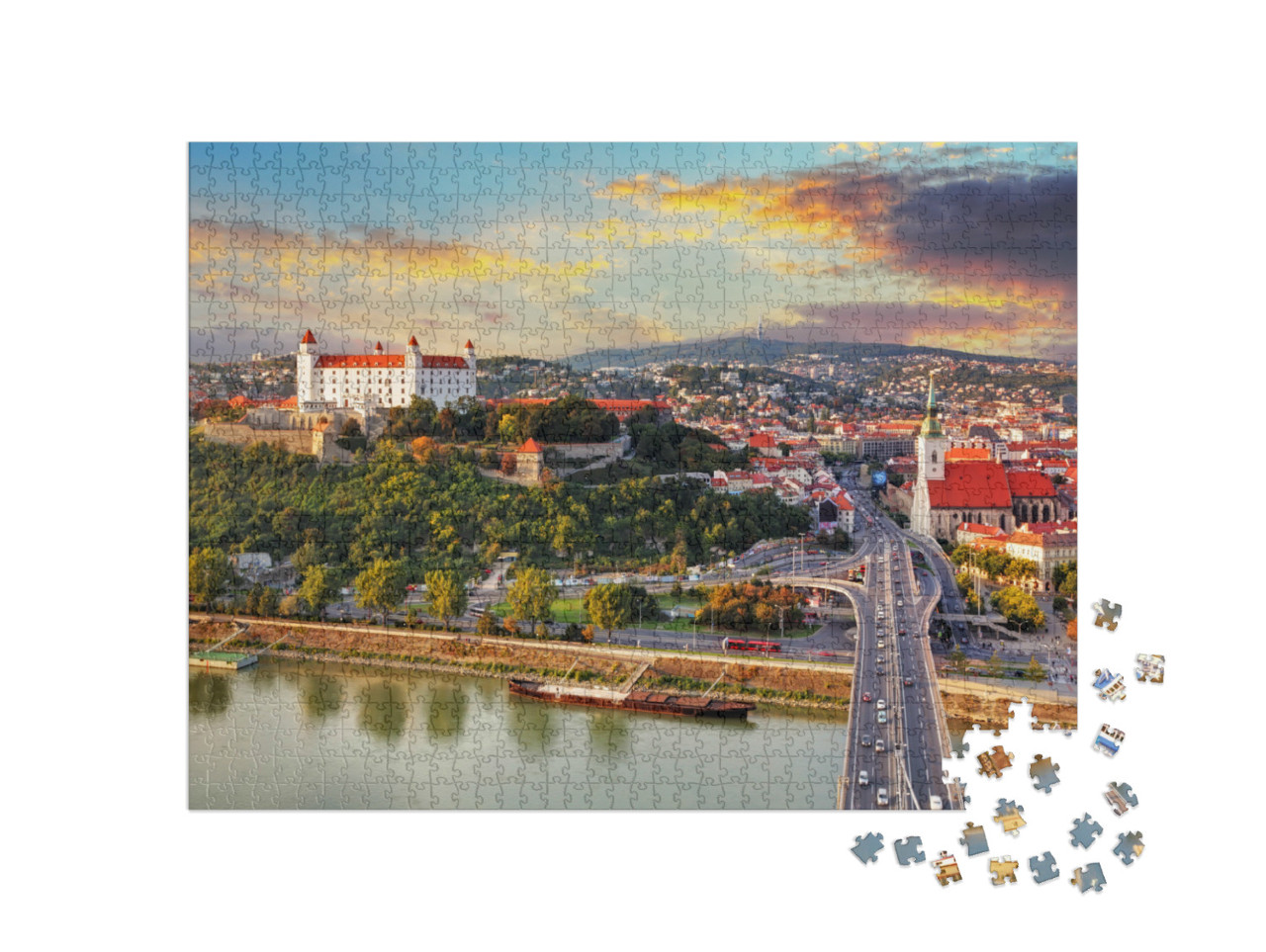 Puzzle 1000 Teile „Bratislava im Sonnenuntergang, Slowakei“