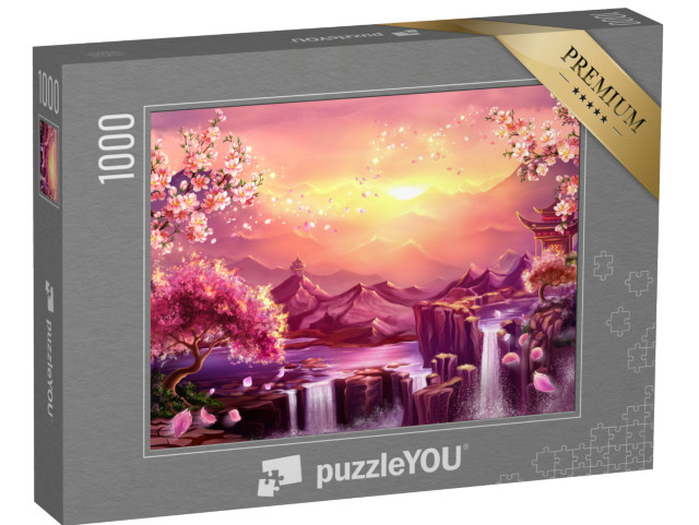Puzzle 1000 Teile „Japanische Kirschblüte in der Dämmerung der Berge“
