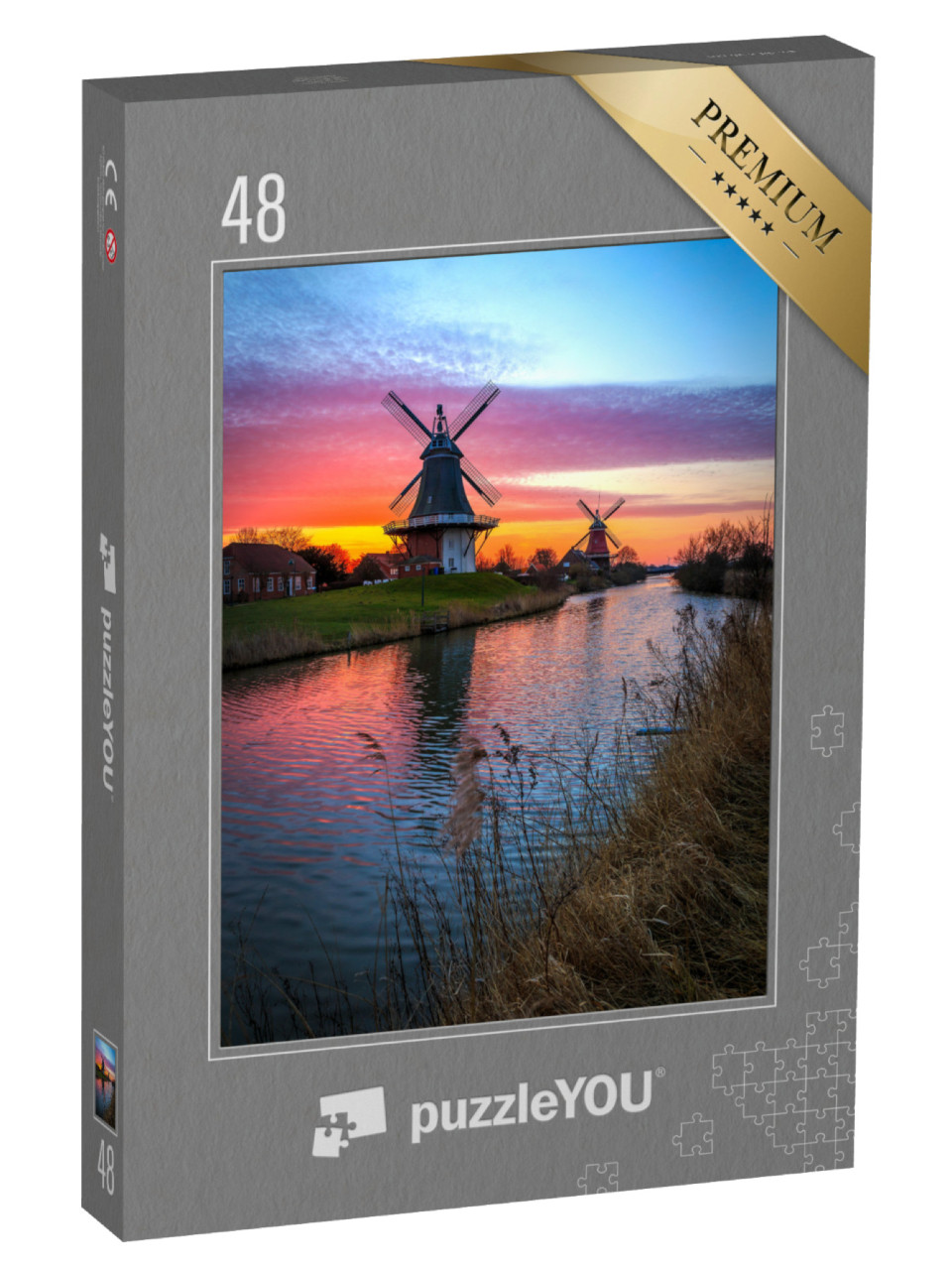 Puzzle 48 Teile „Zwillingsmühlen von Greetsiel, Ostfriesland bei Sonnenaufgang“