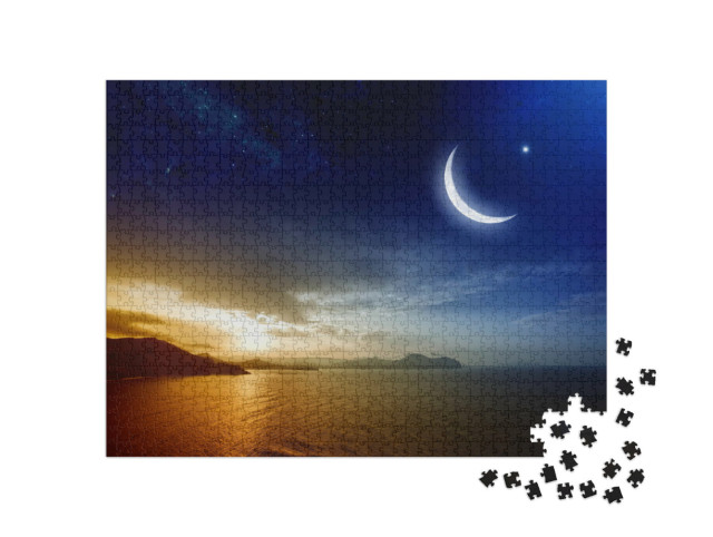 Puzzle 1000 Teile „Sternenklare Nacht mit riesengroßer Mondsichel im Ramadan“