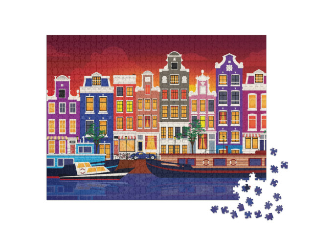 Puzzle 1000 Teile „Vektor-Illustration der bunten Häuser von Amsterdam“