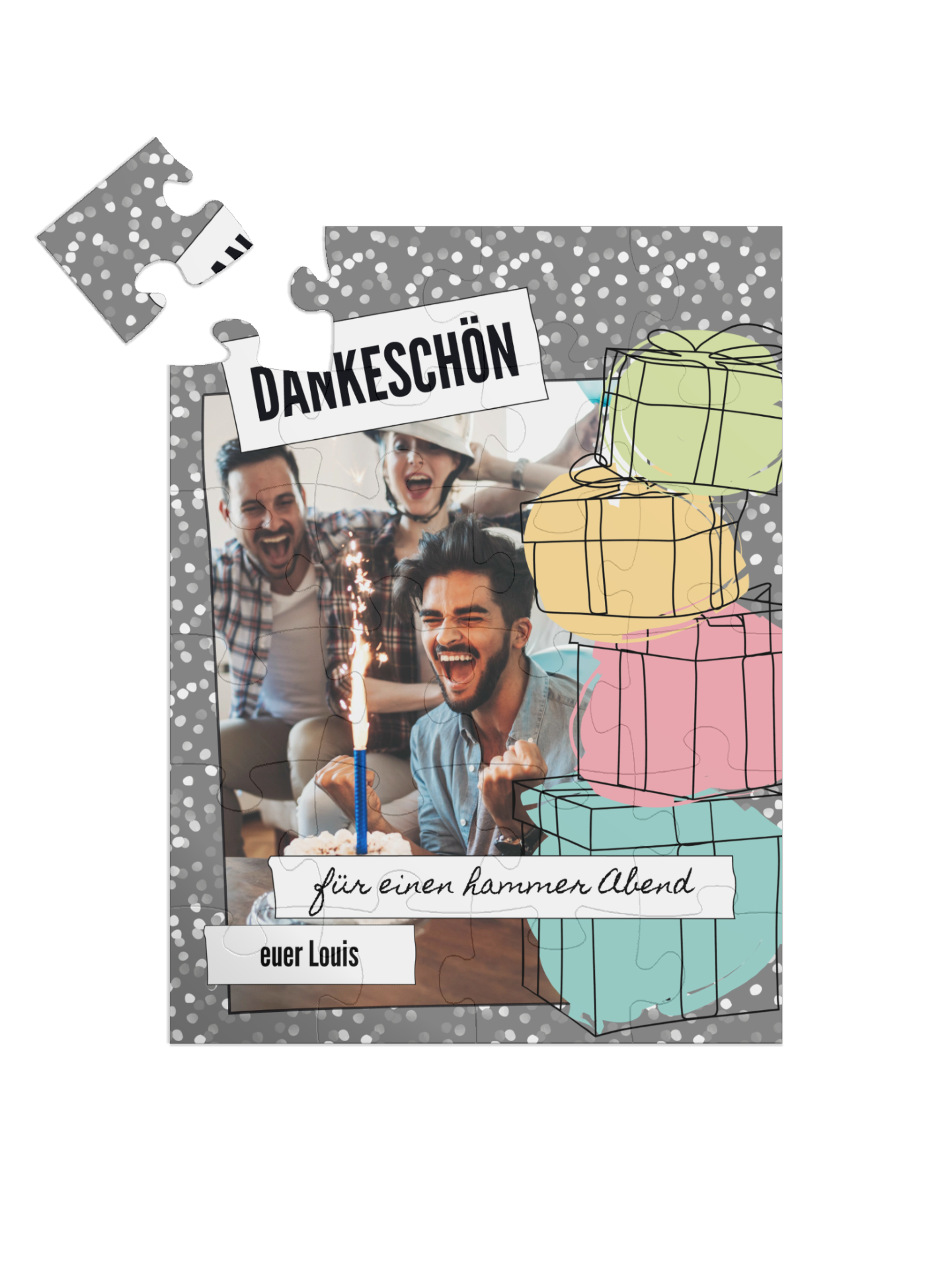 "Presents" in Hochformat grau