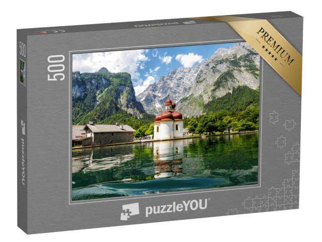 Puzzle 500 Teile „Blick vom Königssee auf Kirche St. Bartholomäus, Bayern“