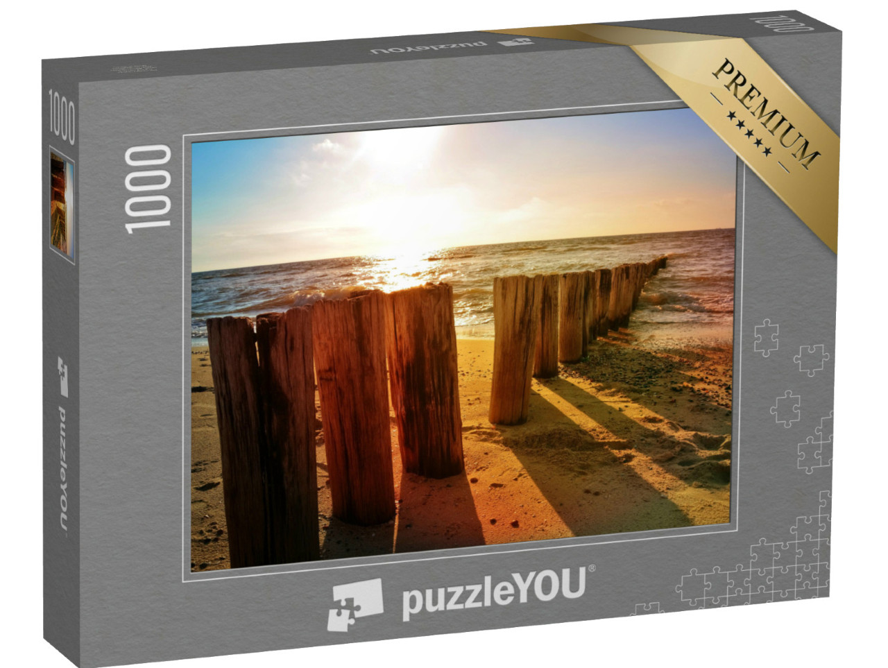 Puzzle 1000 Teile „Hölzerne Buhnen am Nordseestrand bei Sonnenuntergang“