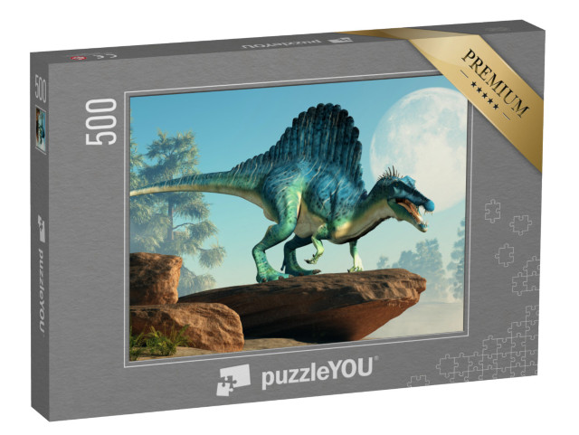 Puzzle 500 Teile „3D-Illustration: ein Spinosaurus auf einer Klippe bei Mondschein“