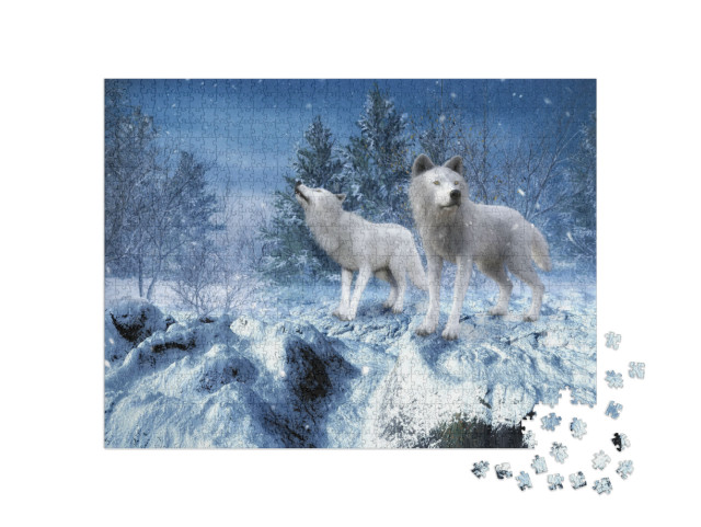 Puzzle 1000 Teile „Winterlandschaft mit zwei weißen Wölfen“