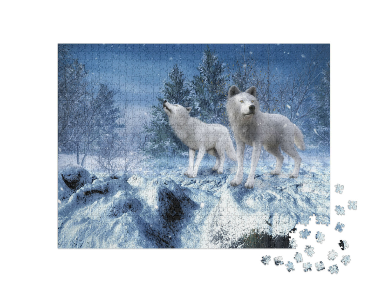 Puzzle 1000 Teile „Winterlandschaft mit zwei weißen Wölfen“