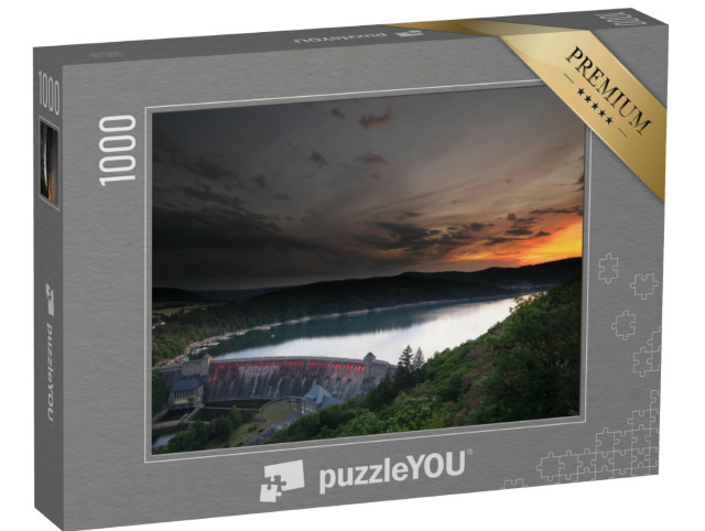 Puzzle 1000 Teile „Blick vom Aussichtspunkt Kleine Kanzel am Edersee bei Sonnenuntergang“
