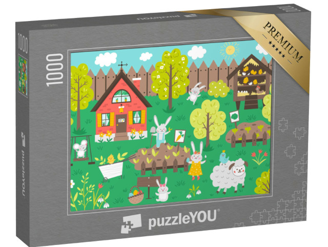 Puzzle 1000 Teile „Ein Garten voller Osterhasen, Schafen und Küken“