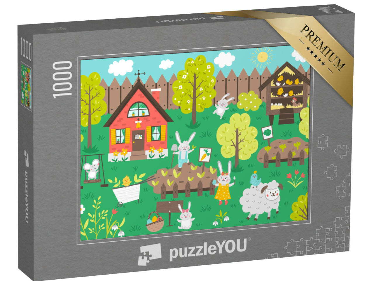 Puzzle 1000 Teile „Ein Garten voller Osterhasen, Schafen und Küken“