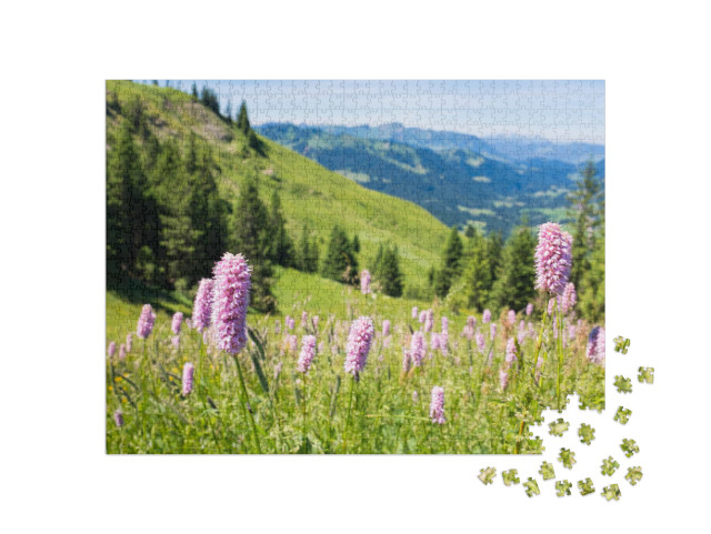 Puzzle 1000 Teile „Bayerische Alpen mit Bergblick und Wiesen im Allgäu“