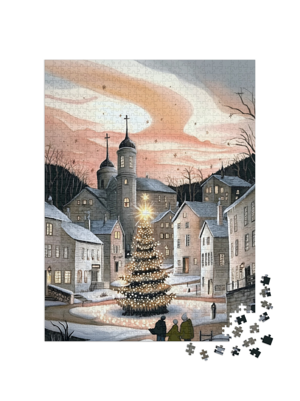 Puzzle 1000 Teile „Christbaum leuchtet hell am Dorfplatz“