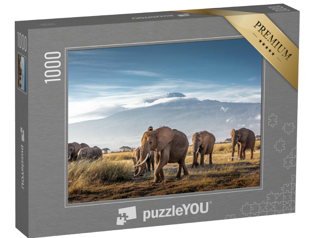 Puzzle 1000 Teile „Herde großer afrikanischer Elefanten spaziert vor dem Kilimandscharo in Kenia“