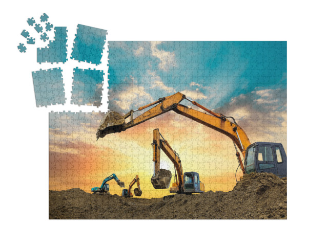 Puzzle „Bagger arbeiten bei Sonnenuntergang auf der Baustelle“ | SMART SORTED® 1000 Teile