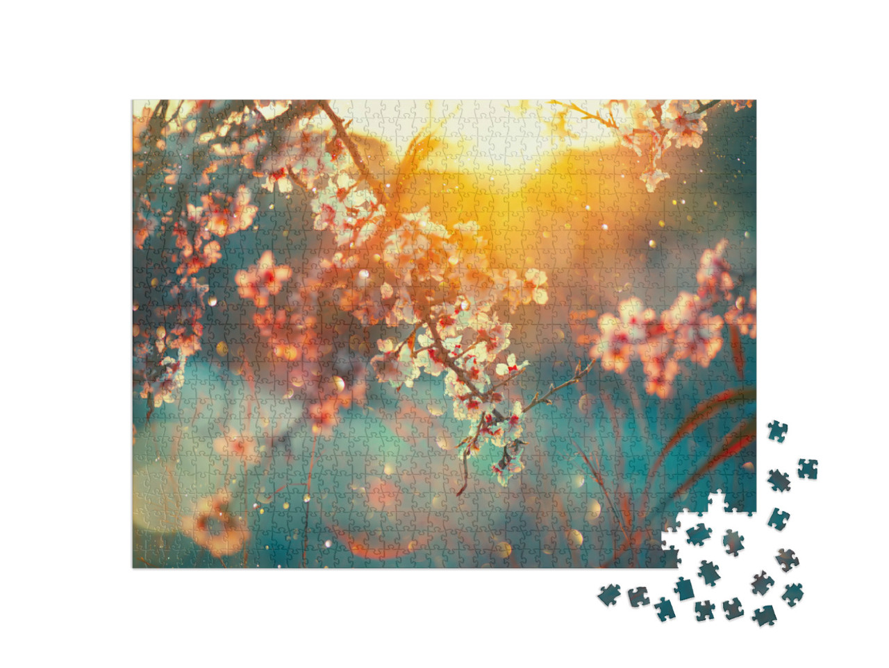 Puzzle 1000 Teile „Zart blühende Obstbäume im Sonnenaufgang“