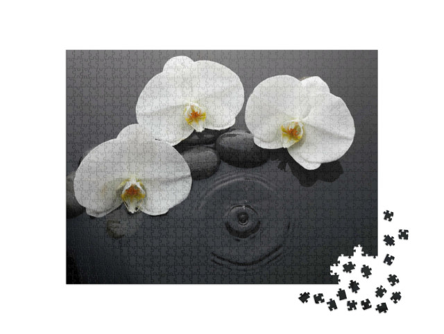 Puzzle 1000 Teile „Weiße Orchidee und schwarze Steine“