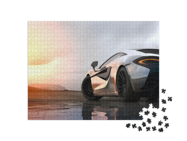 Puzzle 1000 Teile „Silberner Luxus-Sportwagen im Sonnenuntergang“