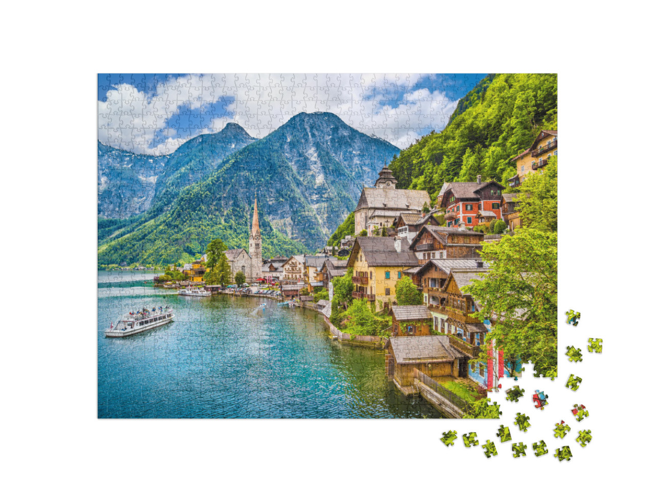 Puzzle 1000 Teile „Bergdorf Hallstatt mit Hallstätter See im Salzkammergut“