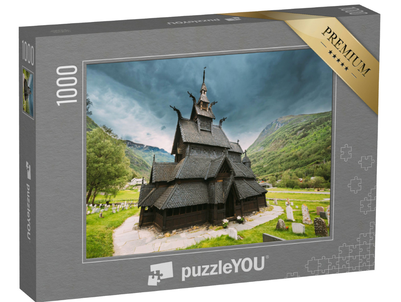 Puzzle 1000 Teile „Stavkirke, eine hölzerne dreischiffige Stabkirche, Borgund, Norwegen“
