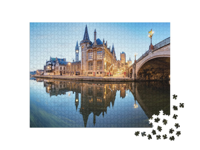 Puzzle 1000 Teile „Wunderschöne Altstadt von Gent bei Nacht, Belgien“